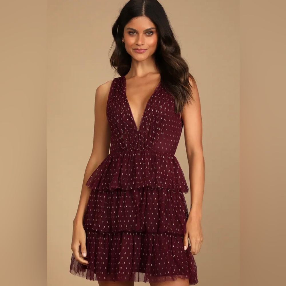 Forever Sparkling Burgundy Dotted Mesh Tiered Mini Dress - Lulus